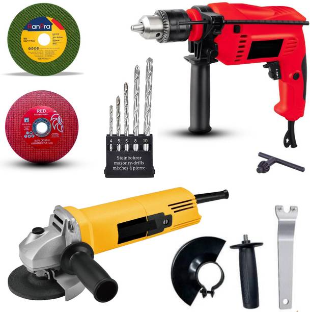 RanPra 4 INCH ANGLE GRINDER | 13MM DRILL MACHINE | 5PCS DRILL BIT | 2PCS CUTTING WHEEL Power & Hand Tool Kit