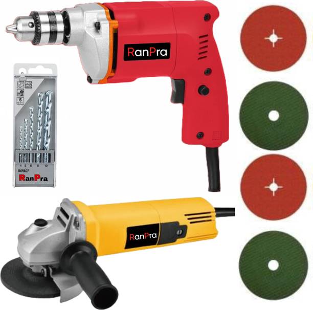 RanPra COMBO OF 1Omm Drill Machine with 5pcs Drill bits and 4useable Blades and 4inch Angle Grinder Hammer Drill
