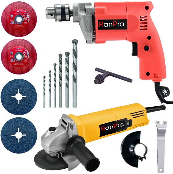 RanPra 4 INCH ANGLE GRINDER | 10MM DRILL | 5PCS DRILL BIT SET | 4PCS CUTTING WHEEL Power & Hand Tool Kit