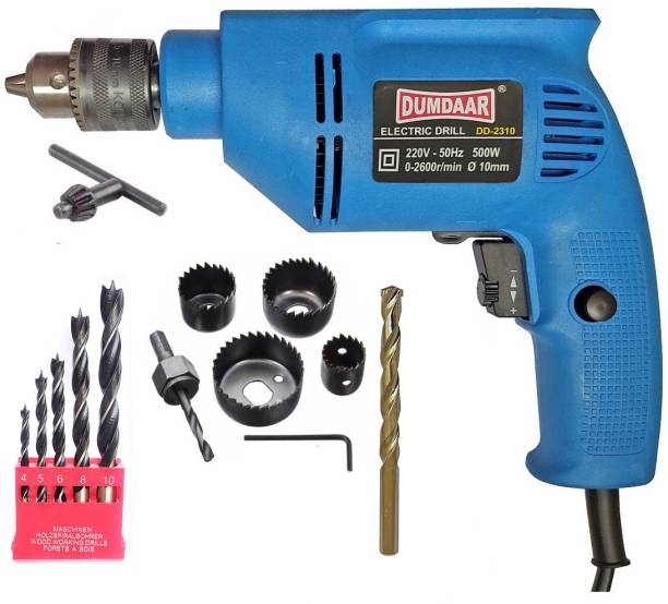 DUMDAAR 6-Month Warranty 10mm Reversible Electric Drill Machine with 5pc Wood drill bit 6pc Hole saw 1pc Masonry (Pack of 4) Hammer Drill