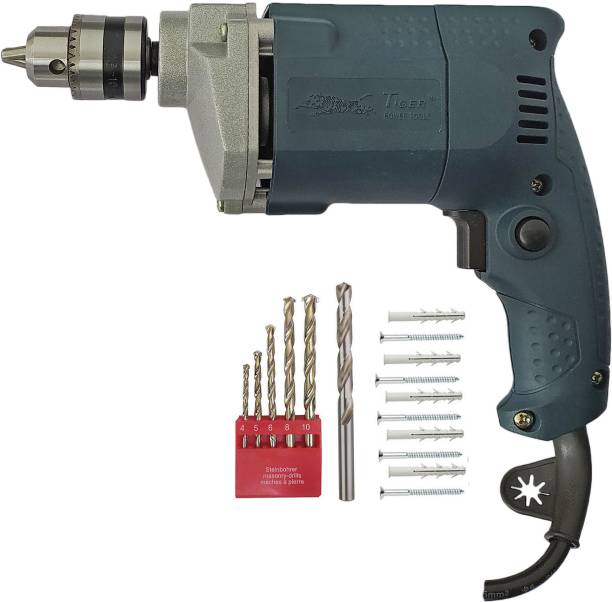 DUMDAAR 6-Month Warranty BlueTiger 350W Electric Drill Machine 10mm with 1pc Hss bit 5pc Masonry and 10pc Screw+Gitti set Hammer Drill