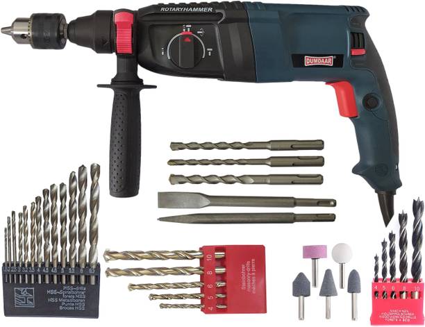 DUMDAAR DM26 1250W 26mm Hammer Drill Machine 100% Copper winding with 5pc bit 13mm drill chuck & Adaptor 13pc HSS 5Pc Masonry & Wood bit 5pc Stone Rotary Hammer Drill