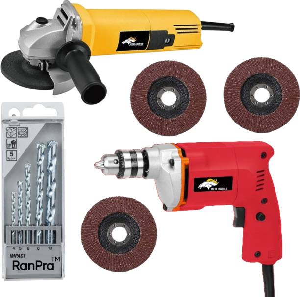 RanPra COMBO OF 10MM DRILL MACHINE WITH ANGLE GRINDER AND 5PCS DRILL BITS WITH 3PCS FLAP DISC Hammer Drill