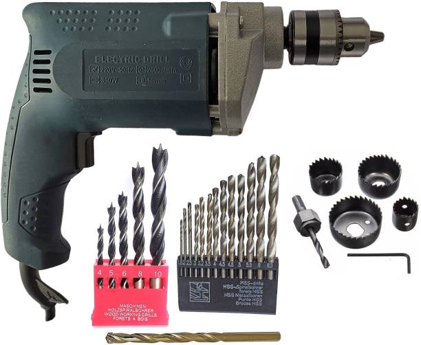 DUMDAAR 6-Month Warranty 10mm Electric Drill Machine with 13pc HSS 5pc wood 6pc Hole saw 1pc Masonry (Pack of 5) Hammer Drill