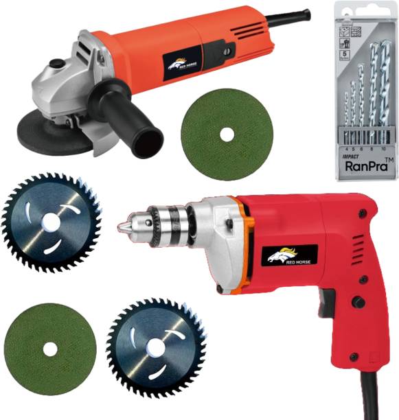 RanPra COMBO OF 10MM DRILL MACHINE WITH MULTI PURPOSE ANGLE GRINDER AND 4 USEABLE BLADES WITH 5 PCS OF DRILL BITS Hammer Drill