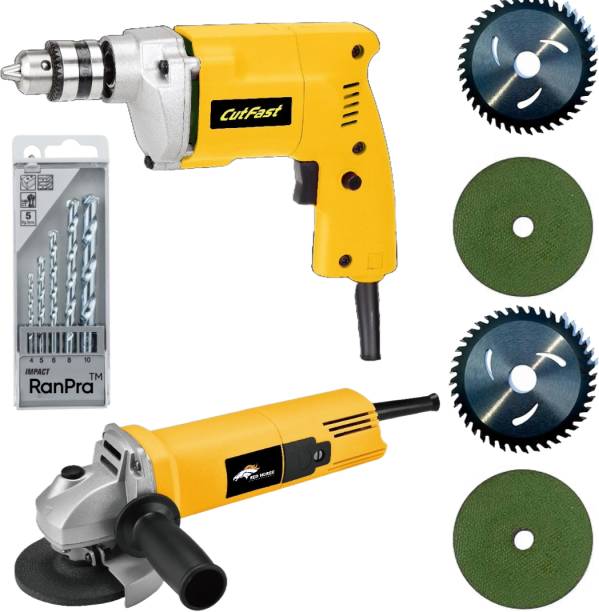 RanPra COMBO OF 1Omm Drill Machine with 5pcs Drill bits and 4useable Blades and 4inch Angle Grinder Hammer Drill
