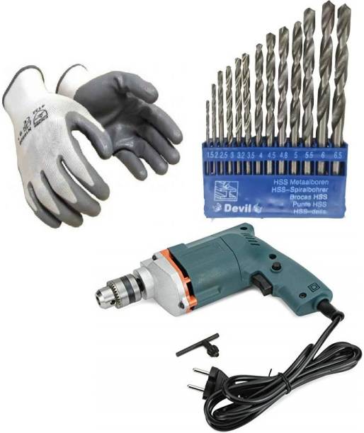 Gadariya King 10mm Electric drill machine With 13 pcs of hss bit set and Safety Gloves Hammer Drill