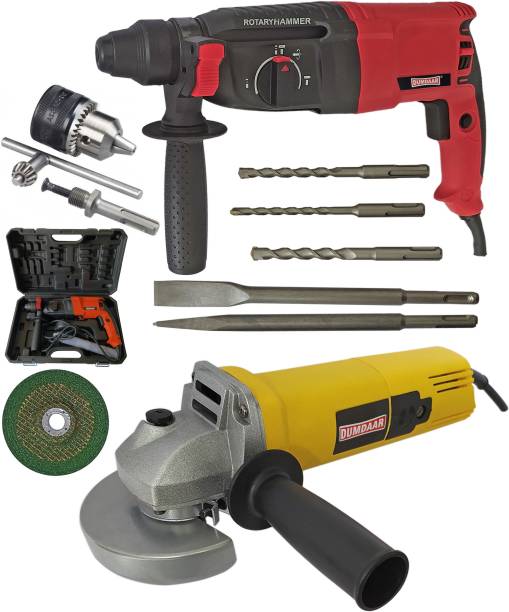 DUMDAAR 6 Month Warranty Heavy duty 1250w 26mm Electric Reversible hammer machine 5pc bit 13mm Drill chuck &amp;Adopter ,Angle grinder machine 900w &amp; Grinding Disc Rotary Hammer Drill