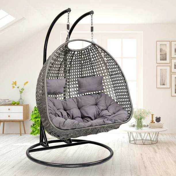 Swingzy Double Seater Rattan Egg Swing Chair|Hanging Wicker Swing With Stand For Home Iron Hammock