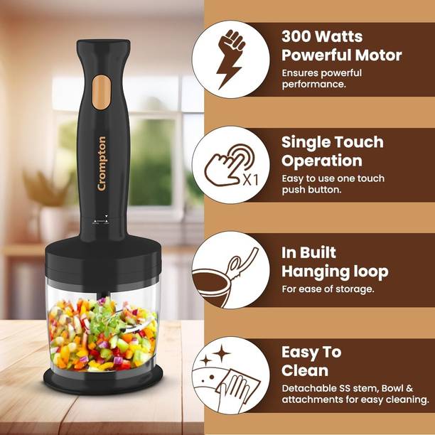 Crompton 300 W Black and Brown Hand Blender, Chopper, Electric Whisk  (AMEO TRIO – Hand blender+ Chopper+ whisker)