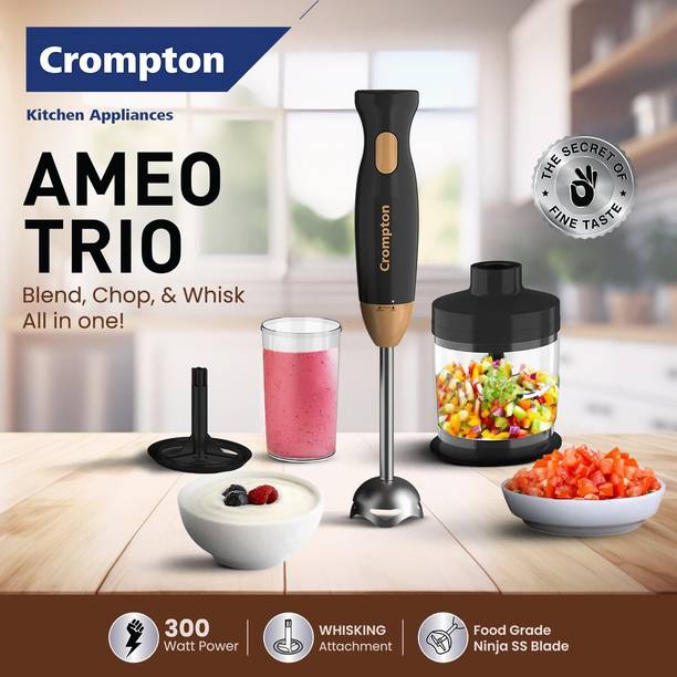 Crompton 300 W Black and Brown Hand Blender, Chopper, Electric Whisk  (AMEO TRIO – Hand blender+ Chopper+ whisker)