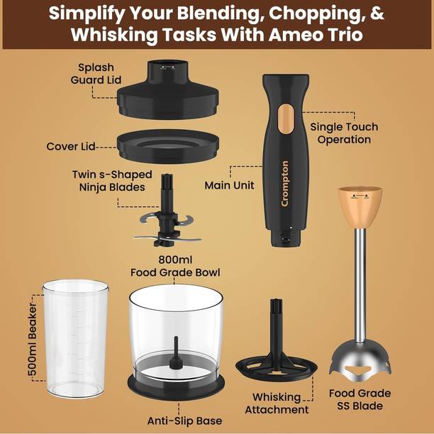 Crompton 300 W Black and Brown Hand Blender, Chopper, Electric Whisk  (AMEO TRIO – Hand blender+ Chopper+ whisker)
