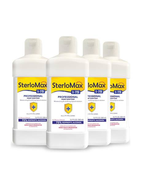 SterloMax Pack of 4 - 75% Isopropyl Alcohol-based Hand Rub Sanitizer and Disinfectant 500 ML Hand Sanitizer Bottle