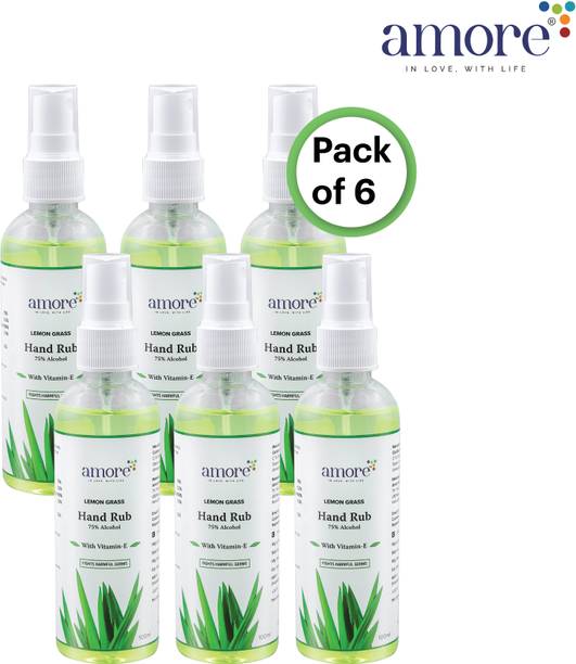 Amore Lemongrass Hand Rub Liquid Spray | Kills Germs | Keeps Hands Soft & Hygienic Hand Sanitizer Bottle + Refill