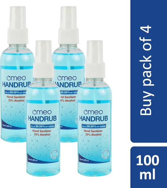 Omeo Instant Liquid Sanitizer Spray-(100PK4), 70% Alcohol, Rinse-free for Skin Hand Rub Bottle