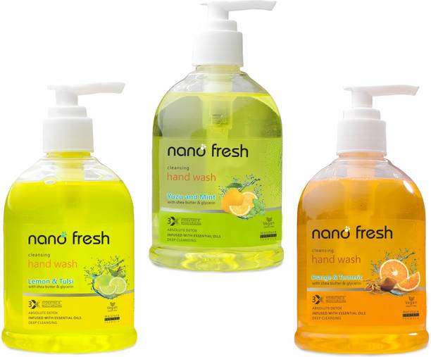 Nano Fresh Lemon & Tulsi + Yuzu & Mint + Orange & turmeric Combo Pack Cleansing Hand Wash Pump Dispenser
