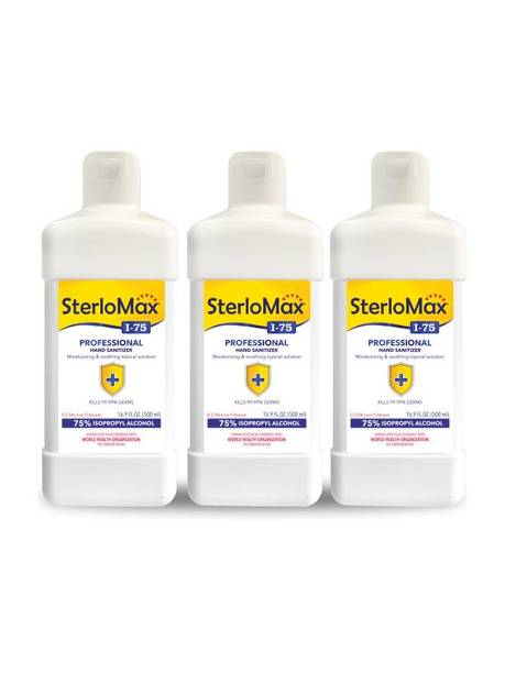SterloMax Pack of 3 - 75% Isopropyl Alcohol-based Hand Rub Sanitizer and Disinfectant 500 ML Hand Sanitizer Bottle