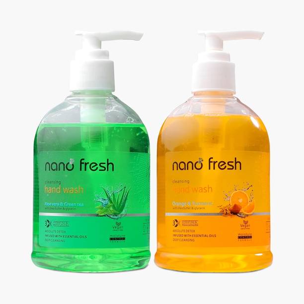 Nano Fresh Green Tea & Aloevera + Orange & Turmeric Hand Wash | Shea Butter & Glycerin Hand Wash Pump Dispenser