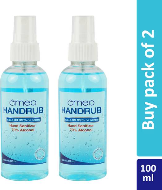 Omeo Instant Liquid Sanitizer Spray-(100PK2), 70% Alcohol, Rinse-free, Skin Friendly Hand Rub Bottle