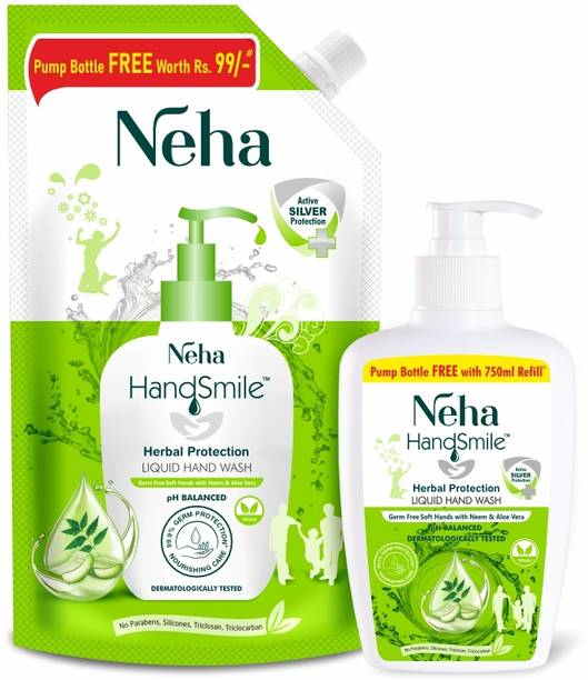 Neha Herbals Green 250ml Bottle & 750ml Refill Handwash (Pack of 2) Hand Wash Pump + Refill