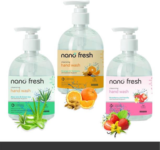 Nano Fresh GreenTea & Aloevera+ Orange&Turmeric+ Strawberry & Vanilla Enrich by Shea Butter Hand Wash Pump Dispenser