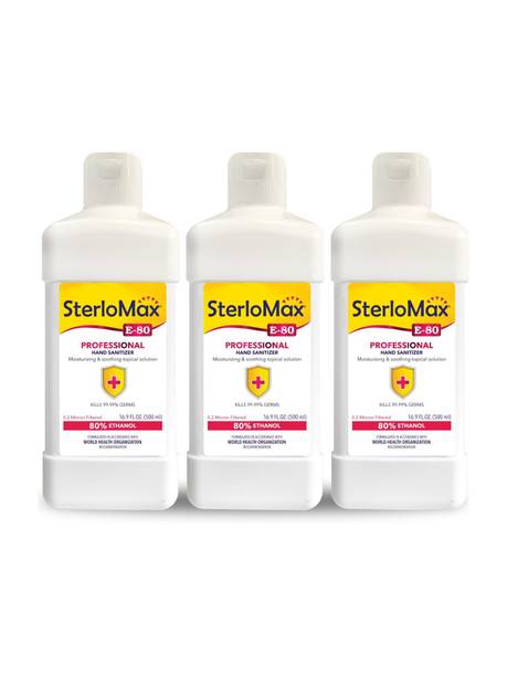 SterloMax Pack of 3 - 80% Ethanol-based Hand Rub Sanitizer and Disinfectant 500 ML Hand Sanitizer Bottle