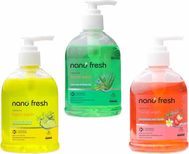 Nano Fresh Lemon & Tulsi + Green Tea & Aloevera + Strawberry & vanilla Combo Pack Cleansing Hand Wash Pump Dispenser