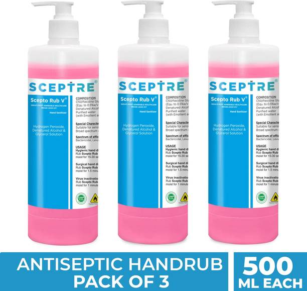 Sceptre SCEPTO RUB V 500ml - Pack of 3-70% alcohol with added moisturiser. Hand Sanitizer Bottle + Dispenser