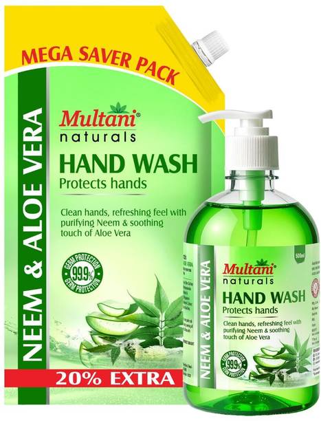 Multani Natural Neem & Aloevera Handwash + Refill Combo Pack | 99.9% Germs Protection - Hand Wash Refill + Dispenser