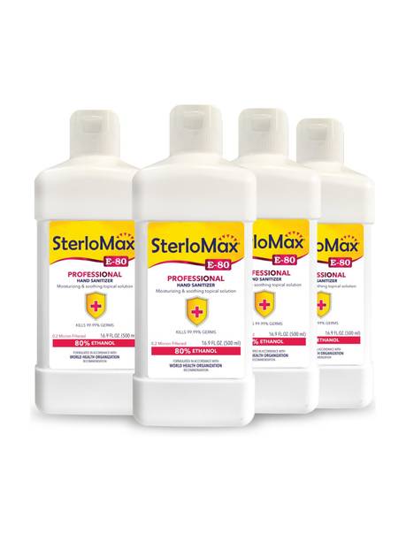 SterloMax Pack of 4 - 80% Ethanol-based Hand Rub Sanitizer and Disinfectant 500 ML Hand Sanitizer Bottle