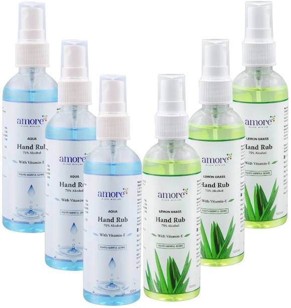 Amore Lemongrass & Aqua Hand Rub Liquid Sanitizer Spray | Keeps Hands Soft & Hygienic Hand Sanitizer Bottle + Refill