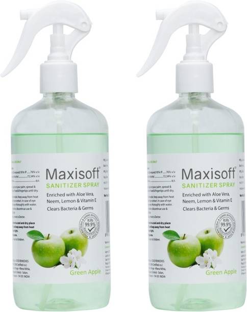 Maxisoft Sanitizer Spray (Green Apple) 500 ml | Aloe & Neem | Paraben Free Hand Sanitizer Bottle
