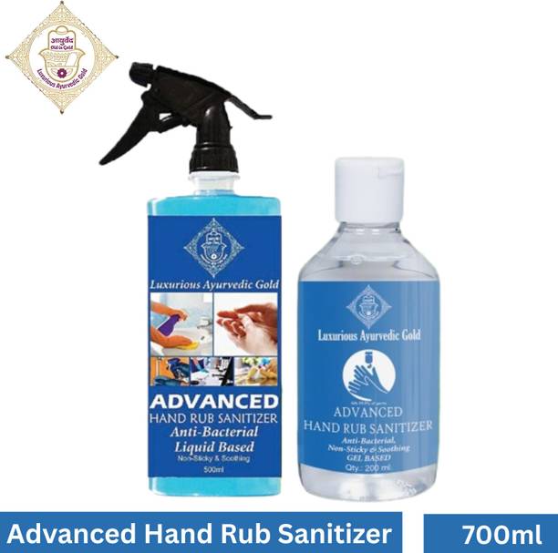 Luxurious Ayurvedic Gold Sanitizer Liquid 500ml Spray Gun + 200ml Gel Sanitizer Hand Sanitizer Bottle