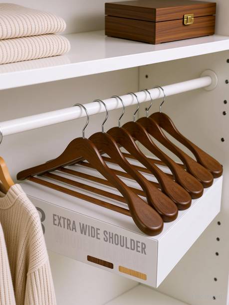 SHOPIVAAN Non Slip Premium Wide Shoulder Coat Hanger, Smooth Finish 360° Swivel Hook Solid Wooden Coat Pack of 8 Hangers For  Coat