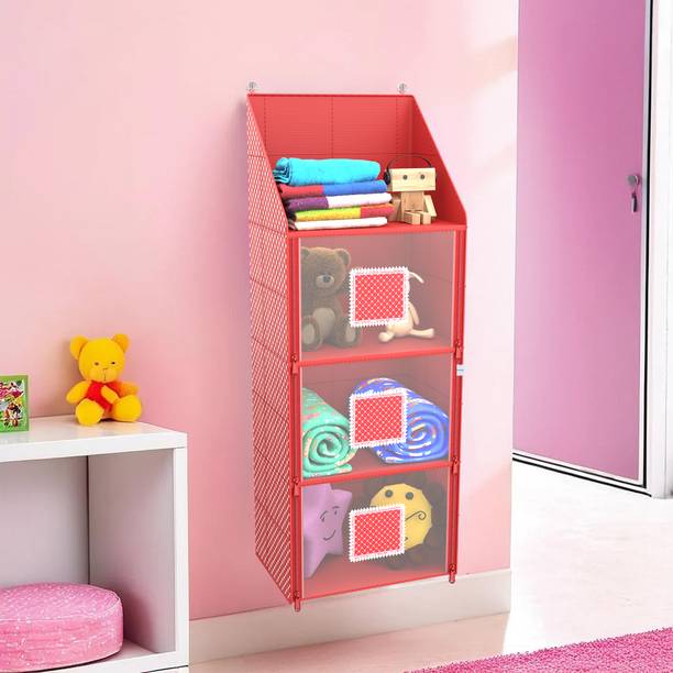 HOMESTIC Hathkadi Folding 4 Compartments Hanging Baby Almirah for Cloth-Shoes | Red Accessories Organizer