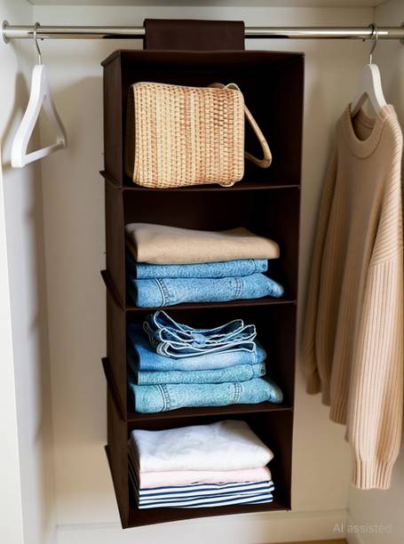 Craficial Non-Woven 4 Compartment Cloth Hanging Organizer / Storage Wardrobe for Almirah Closet Organizer