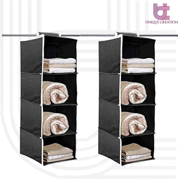 Unique Creation 4 Shelves Foldable Wardrobe Hanging Storage Organizer (2 Pcs, Black) Closet Organizer