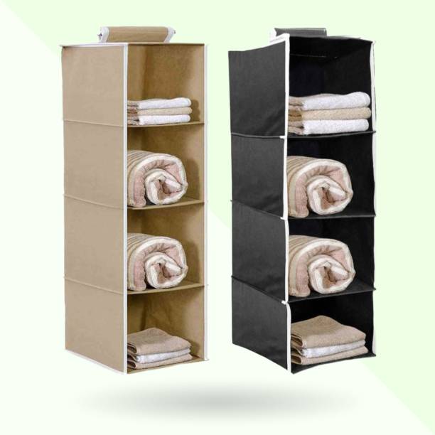 infinity craft Non-Woven 4 Shelf Closet Hanging Organizer/Cloth Storage Wardrobe Beige & Black Closet Organizer