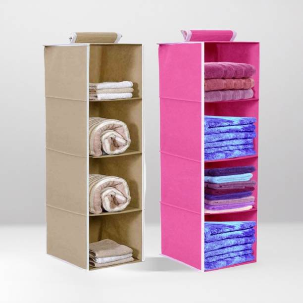 infinity craft Non-Woven 4 Shelf Closet Hanging Organizer/Cloth Storage Wardrobe Beige & Pink Closet Organizer