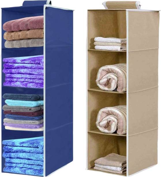 infinity craft Non-Woven 4 Shelf Hanging Closet Organizer/Cloth Storage Wardrobe Beige & Blue Closet Organizer