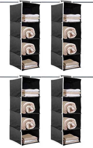 ShubhKraft Hanging Wardrobe Shelf Organizer For Shirts, Pants. (Pack Of 4 Black) Closet Organizer