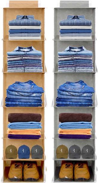 Home Store India 6 Shelf Hanging Closet Cloth Organizer for Wardrobe Storage (2 Pcs Grey/Beige) Closet Organizer