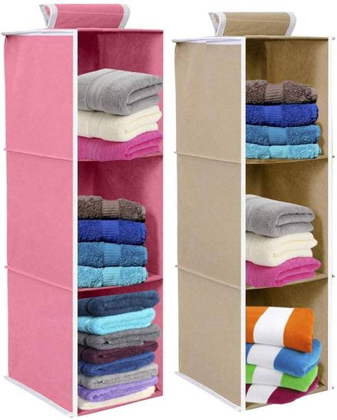 wini krafts Non Woven Hanging 3 Shelf Compartment Clothes Storage Organizer Pack of 2 Handbag Organizer
