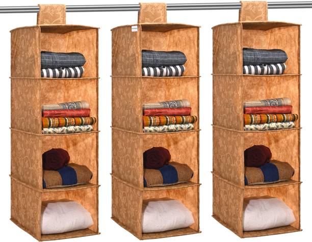 HOMESTIC 3 Pcs Foldable 4 Shelf Hanging Closet Organizer | New Flower - Brown Closet Organizer