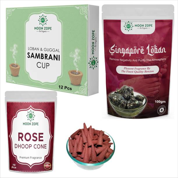 MOON ZOPE Loban dhoop for pooja 100 gm | Sambrani cup 12 Pcs | Rose dhoop cone 70 Pcs