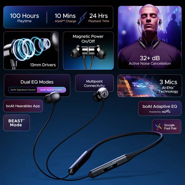 boAt Rockerz 255 ANC(32dB) w/ 100 HRS Playback,ASAP Charge,Spatial Audio,AI ENx Tech Bluetooth