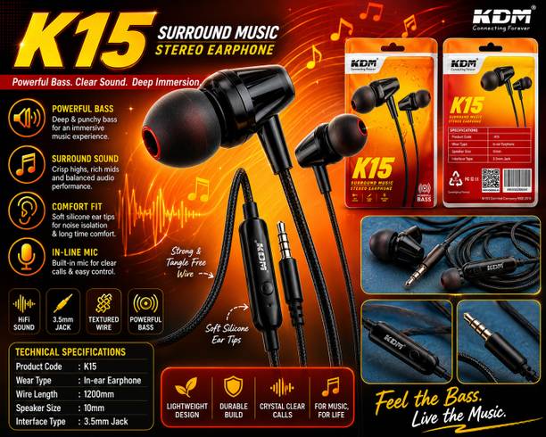 KDM K15 Bass Stereo earphone With 3.5mm Wired