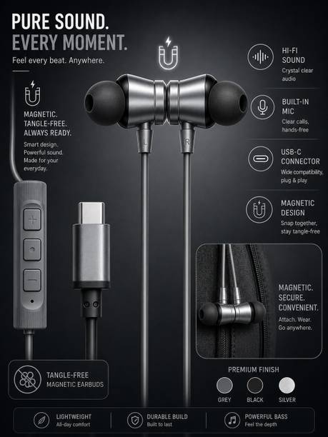 PROWARP Type-C Wired Earphones with Super HD Sound, Deep Bass, Built-in Microphone Wired