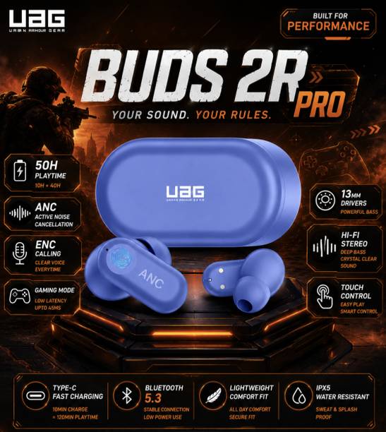 uag urbn armour gear UAG Buds 2R ANC Wireless Earbuds with ENC Mic, 80H Battery Bluetooth
