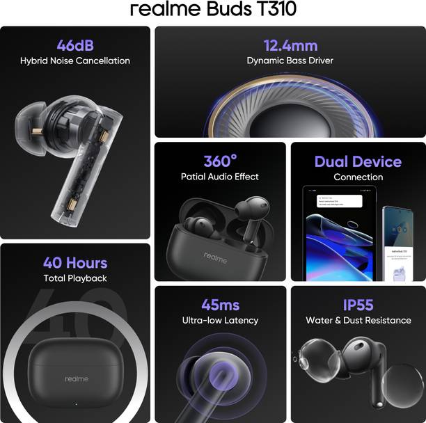realme Buds T310 with 12.4mm Driver, 46dB ANC, Spatial Audio and upto 40 hours Playback Bluetooth Headset  (Vibrant Black, True Wireless)